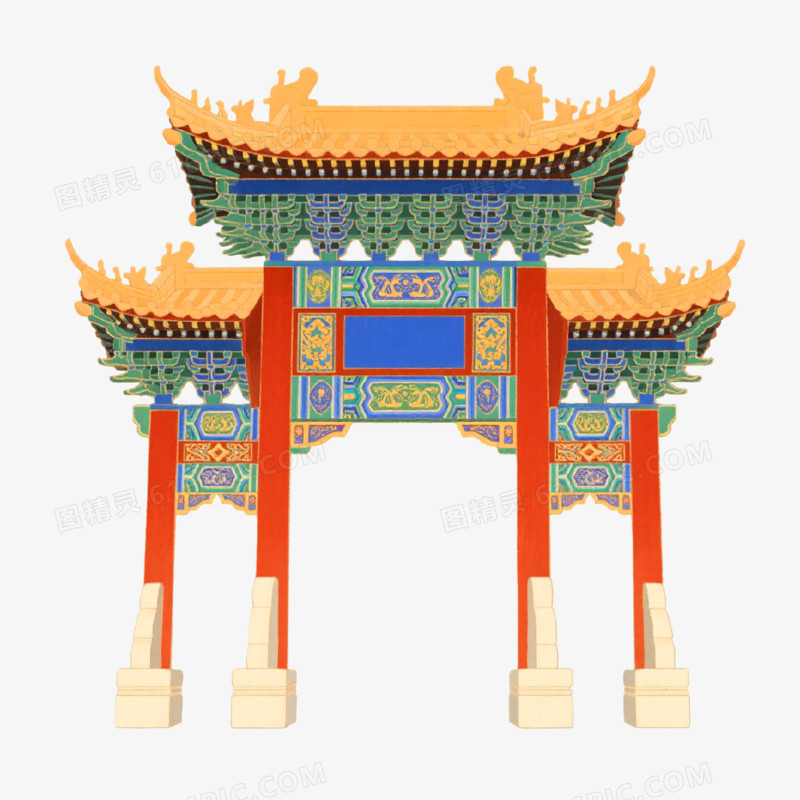 国潮插画风格牌坊楼免抠元素