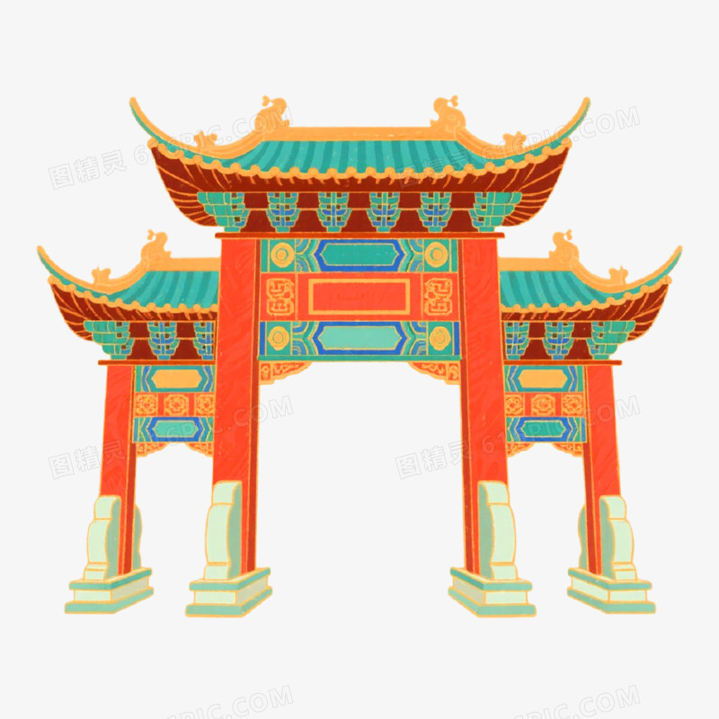 国潮插画牌坊楼建筑免抠元素
