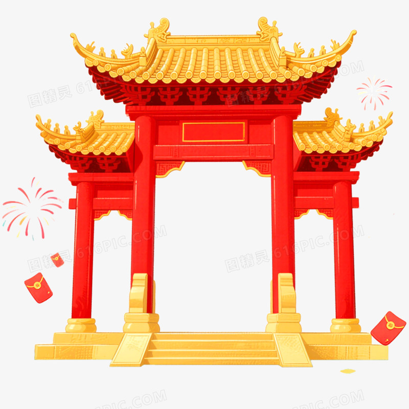 卡通手绘牌坊建筑免抠元素