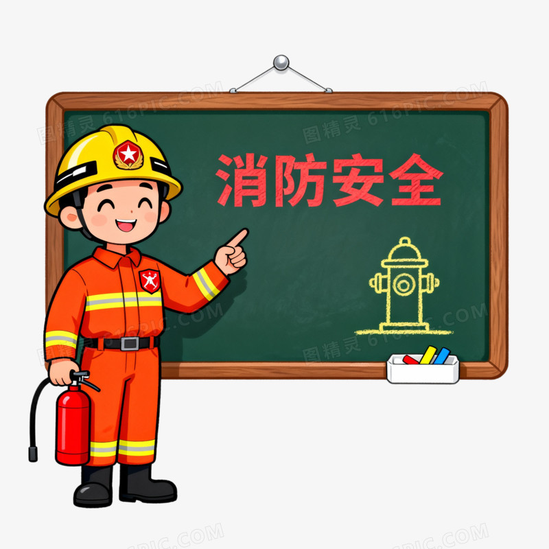 卡通消防员站在黑板旁讲解消防安全知识免抠元素
