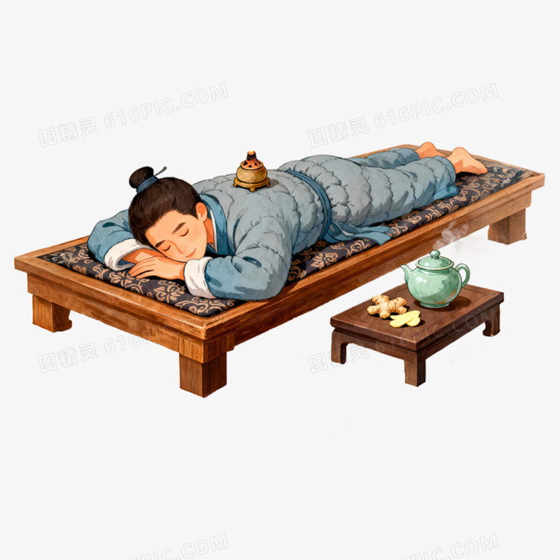 手绘插画冬季养生艾灸免抠元素