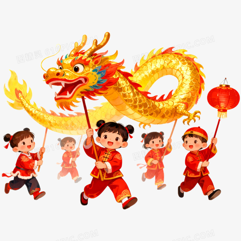 手绘插画舞龙舞狮免抠元素