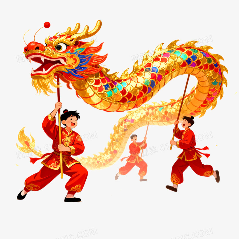 手绘插画舞龙舞狮免抠元素