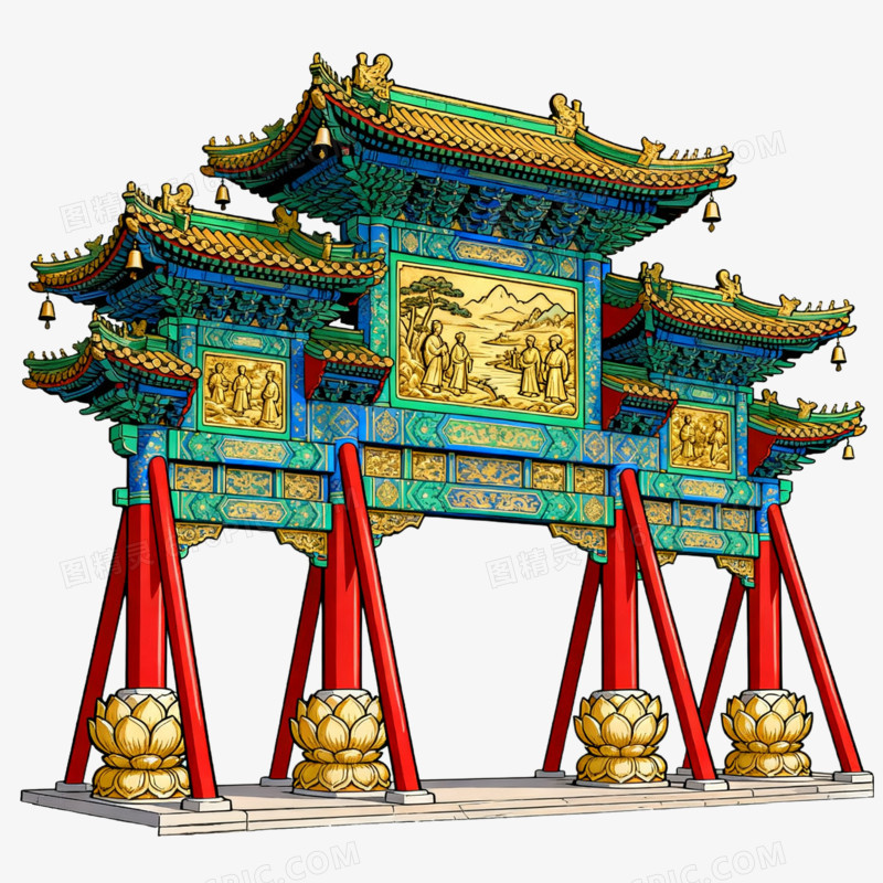 卡通蓝金色牌坊免抠元素