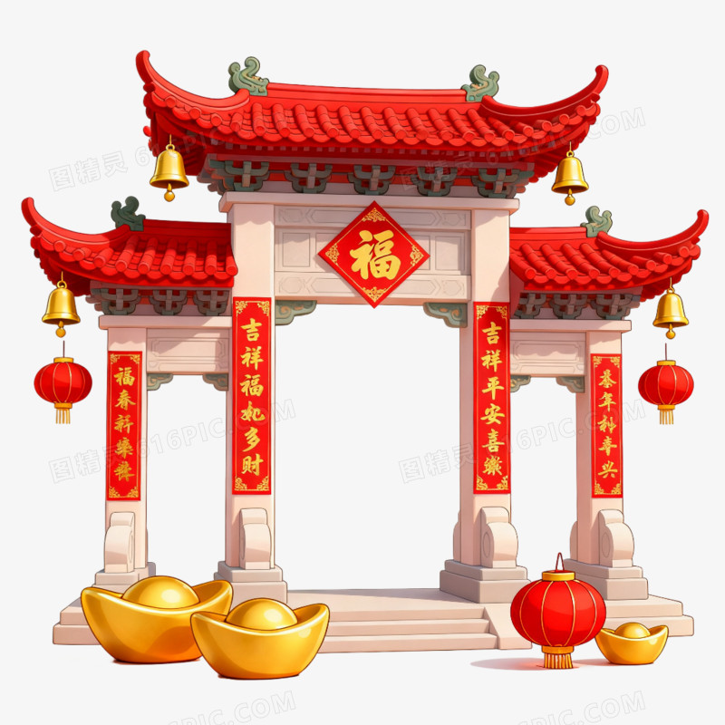 卡通手绘牌坊建筑免抠元素