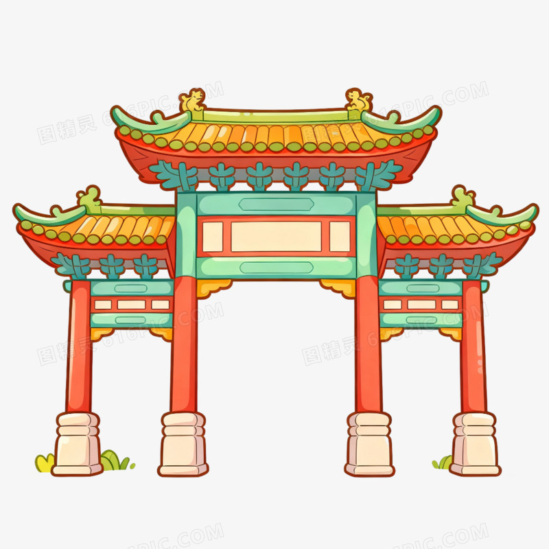 卡通手绘牌坊建筑免抠元素