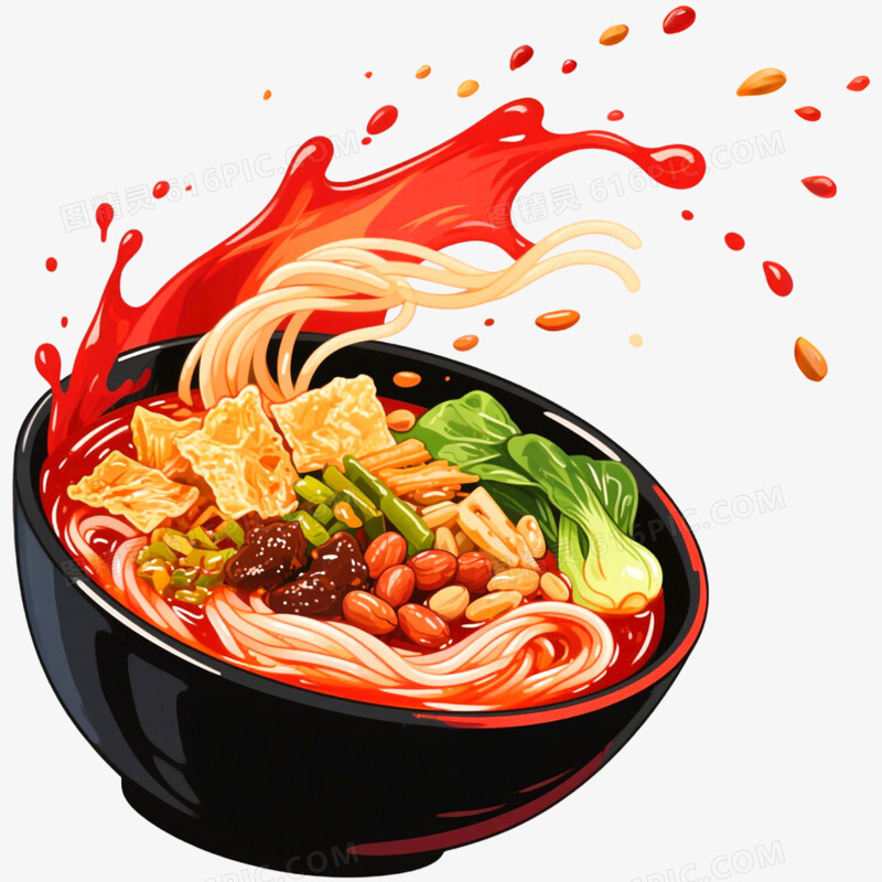手绘插画一碗面条食物飞溅效果免抠元素