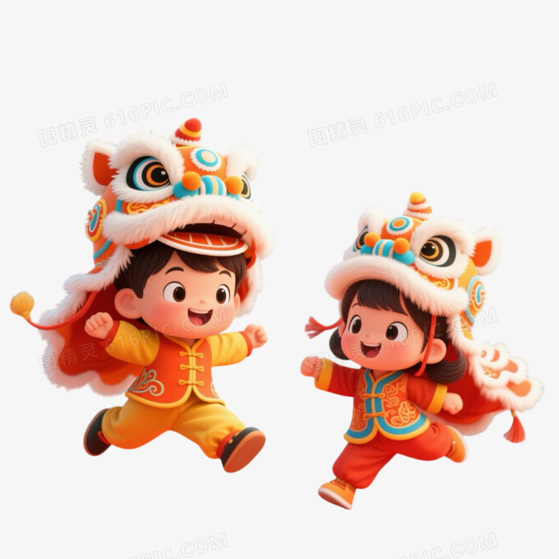 手绘插画一对舞狮的小朋友免抠元素
