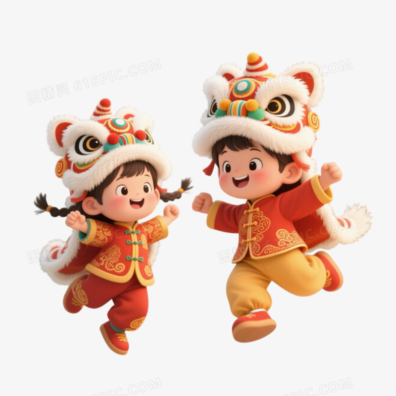 手绘插画一对舞狮的小朋友免抠元素