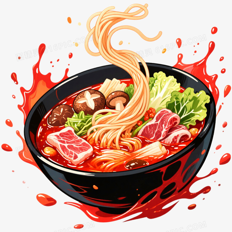 手绘插画一碗面条食物飞溅效果免抠元素