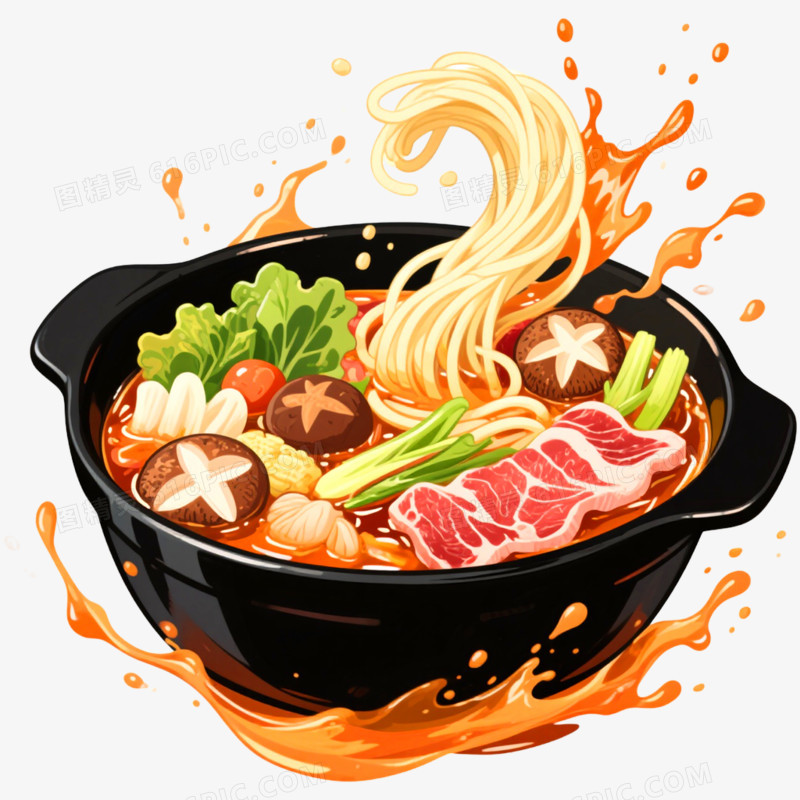 手绘插画一碗面条食物飞溅效果免抠元素