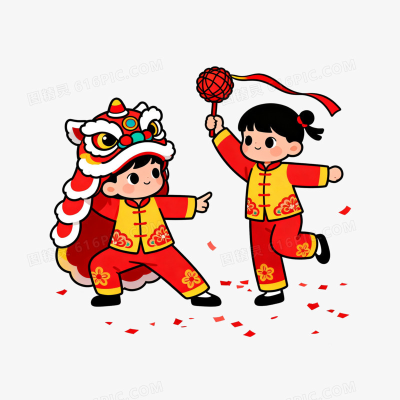 卡通手绘两个小孩一起舞狮免抠元素