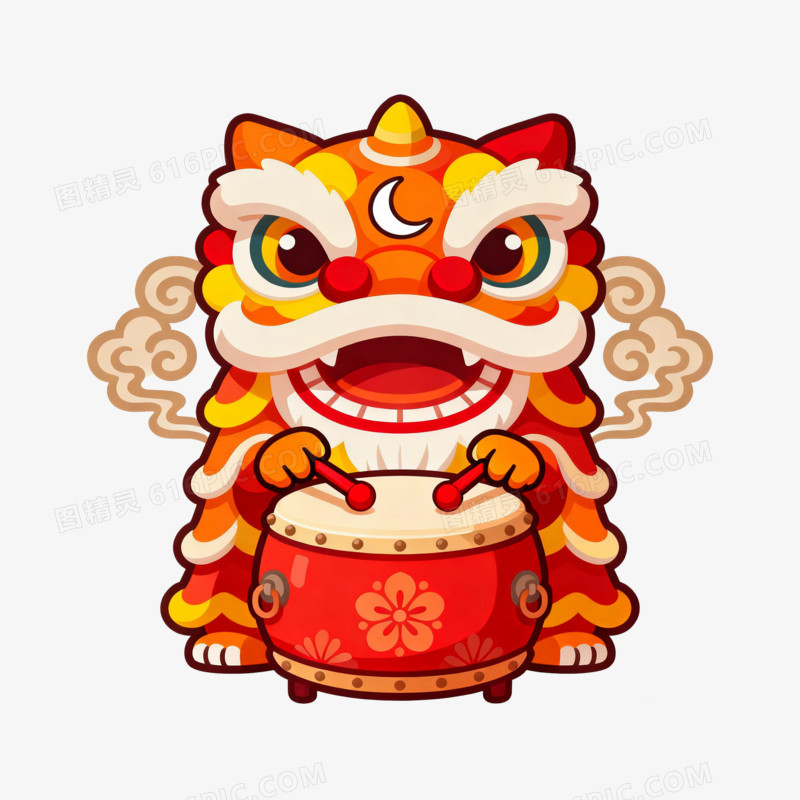 卡通手绘舞狮敲鼓免抠元素