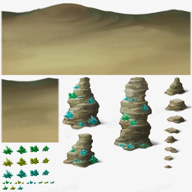 3D卡通场景卧室 沙漠石头绿植