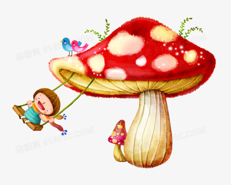 唯美精美卡通可爱蘑菇小女孩荡秋千