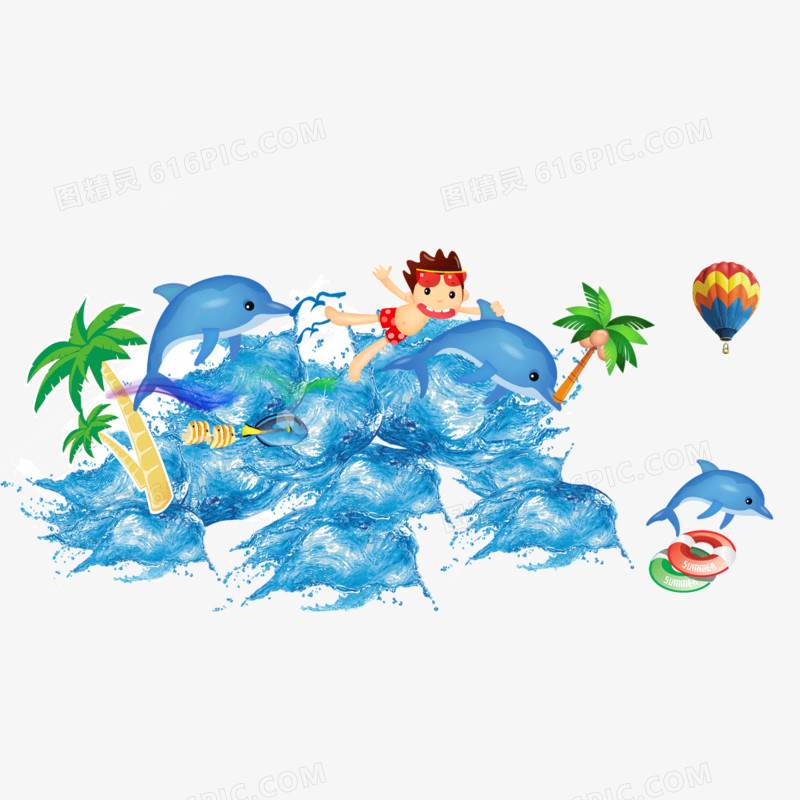 夏天 装饰图案 海豚 蓝色 椰子树