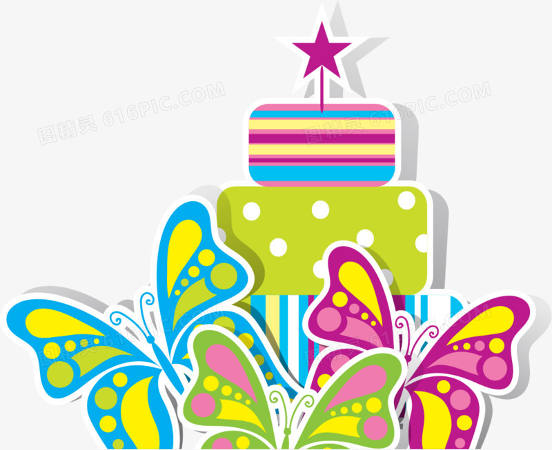 矢量手绘彩色蝴蝶蛋糕