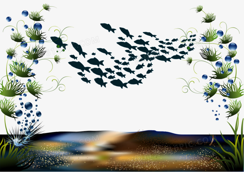 卡通手绘海底世界鱼海藻植物