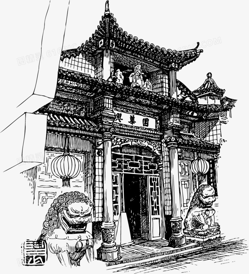 矢量手绘老北京建筑