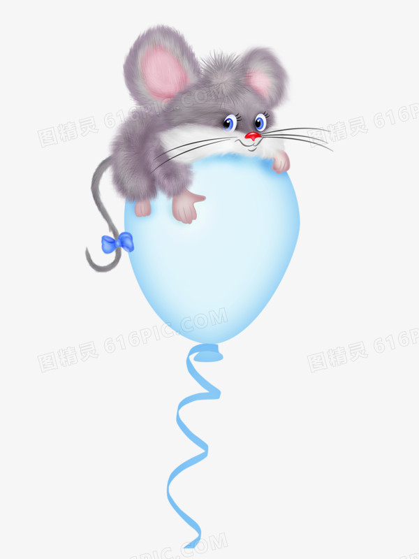 手绘蓝色汽球上的小老鼠