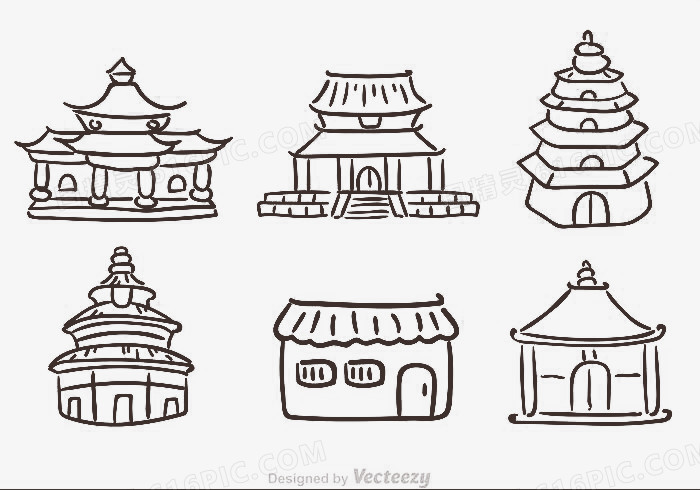 图精灵 免抠元素 卡通手绘 > 中国古建筑简笔画 图精灵为您提供中国古