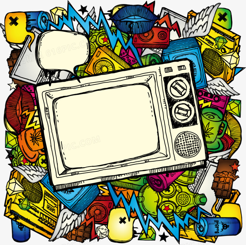 手绘彩色电视机多媒体元素