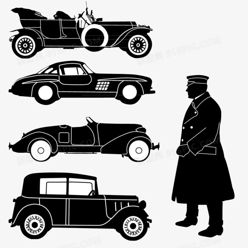 卡通手绘黑色人物剪影和汽车