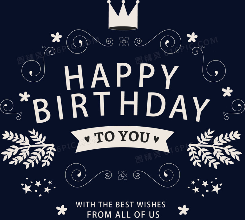皇冠花纹丝带生日快乐生日艺术字贺卡happy