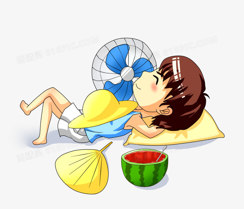 夏天吹风扇吃西瓜的小孩插画