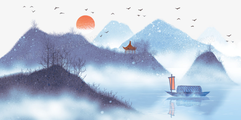 图精灵 免抠元素 卡通手绘 > 中国风水墨山水风景插画 图精灵为您