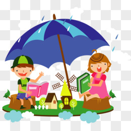雨伞下面看书的儿童
