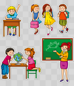 开学季卡通手绘老师学生黑板地球仪课桌凳