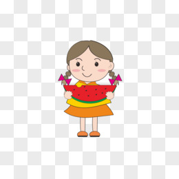 夏天之卡通手绘的女孩在吃西瓜
