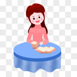 手绘插画风冬至小女孩在桌子上吃饺子