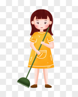 手绘卡通拿着扫把扫地的女孩