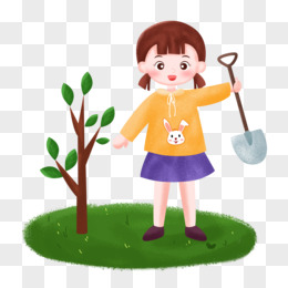 植树节之手绘卡通女孩拿着铁锨种树