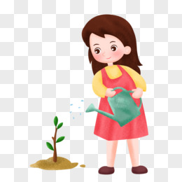 植树节之手绘卡通女孩给树苗浇水