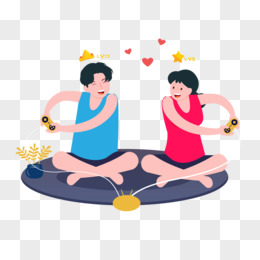 手绘扁平情侣一起打游戏免抠元素