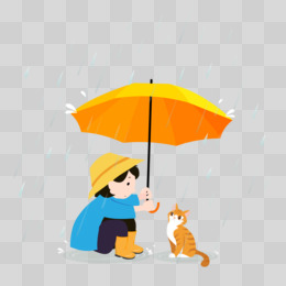 手绘扁平小男孩给小猫打伞免抠元素