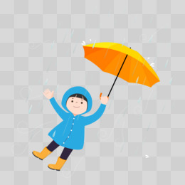 手绘扁平小男孩雨天刮风打伞免抠元素