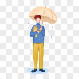 手绘插画风男生下雨打伞场景元素