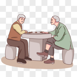 手绘退休老年生活大爷下棋场景素材