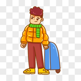 卡通手绘冬天男生带着行李箱免抠素材