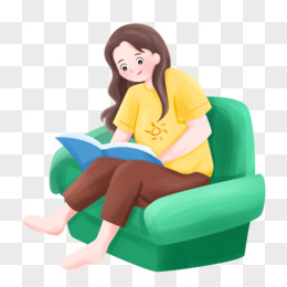 卡通手绘女孩坐在沙发上看书素材