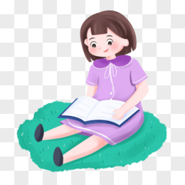 手绘卡通女孩坐在草地上看书素材