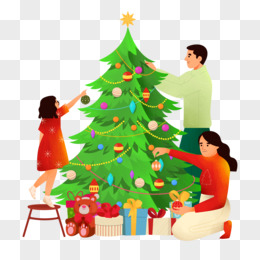 卡通手绘圣诞节一家人布置圣诞树