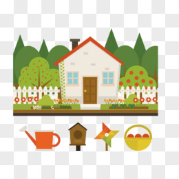 卡通带花园的房屋矢量图