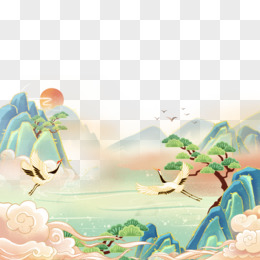 手绘国潮风景山水免抠插画元素