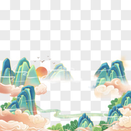 手绘国潮风景山水免抠插画元素