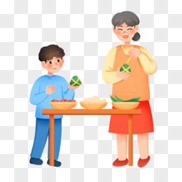 卡通小孩子和奶奶一起包粽子免抠素材